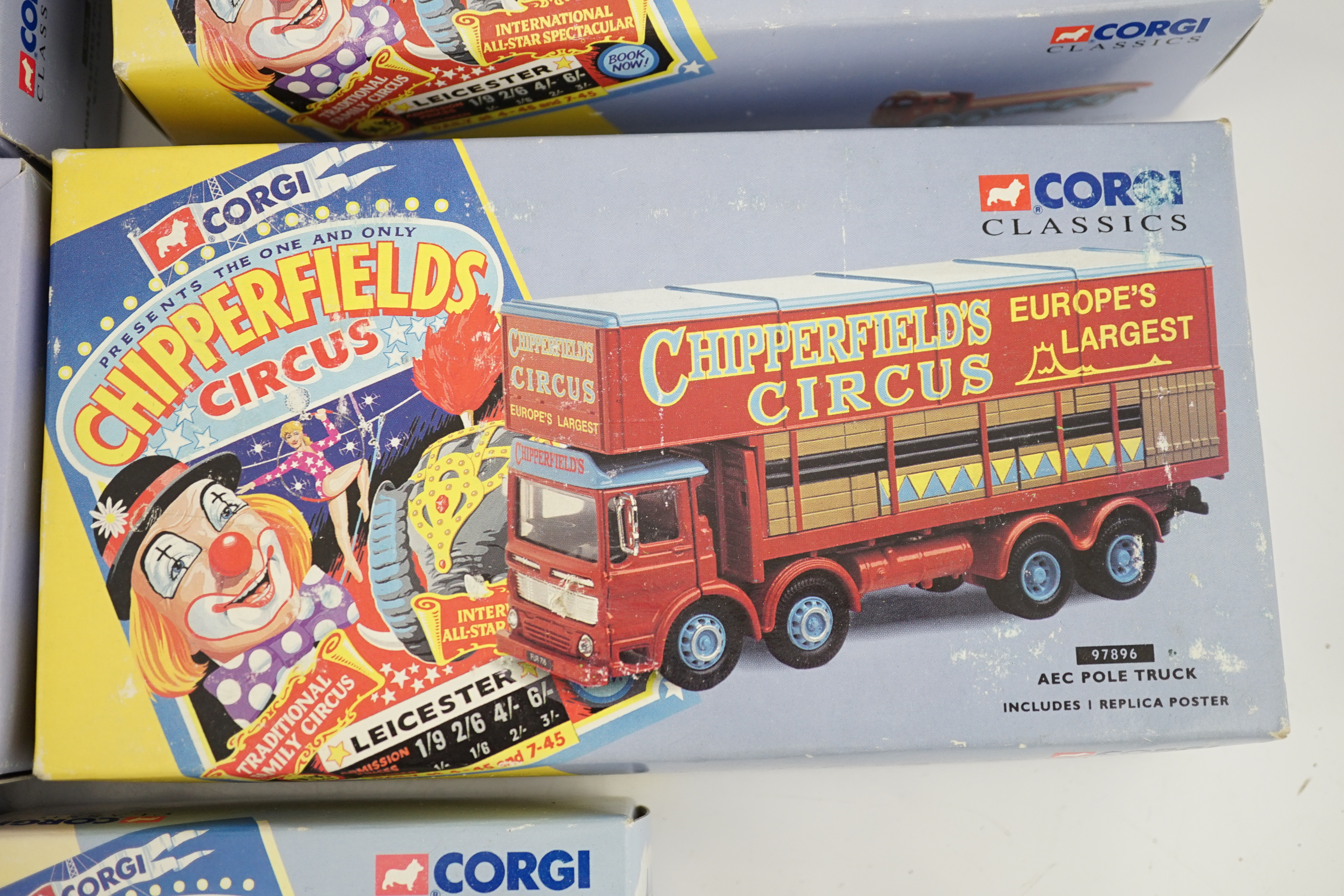 Six boxed Corgi Classics Chipperfields Circus vehicles including; a Scammell Highwayman and trailer, Foden closed pole truck, Bedford horsebox, ERF truck, etc.